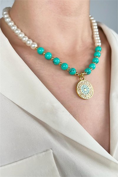 Zodiac Medal Ended Pearl and Bead Necklace - Turquoise