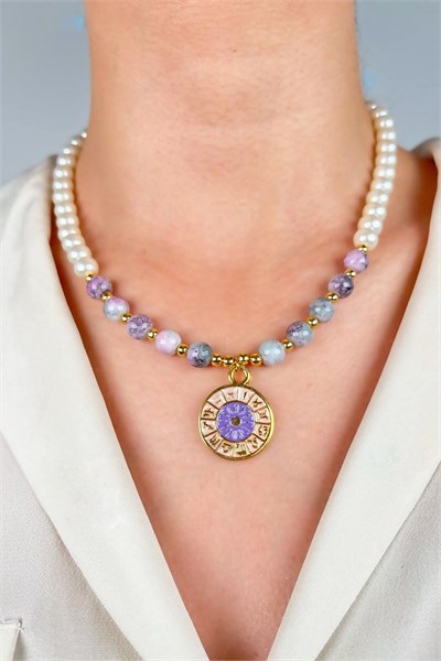 Zodiac Medal Ended Pearl and Bead Necklace - Lilac