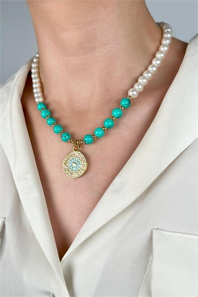 Zodiac Medal Ended Pearl and Bead Necklace - Turquoise