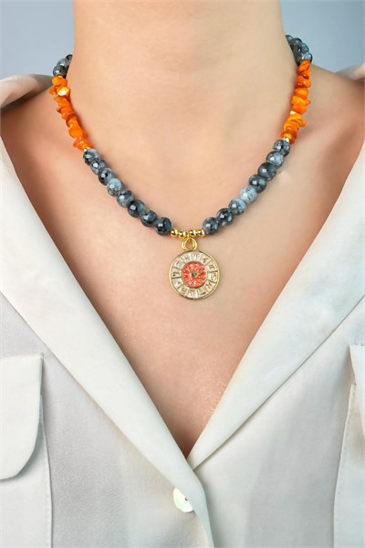 Zodiac Medal Ended Broken Natural Stone Bead Necklace - Orange