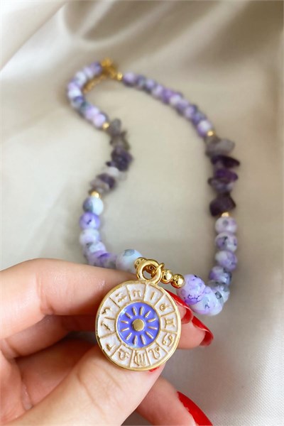 Zodiac Medal Ended Crystal Glass Bead Natural Stone Necklace - Purple