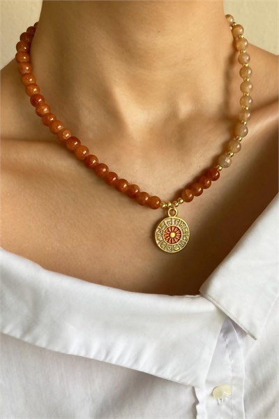 Zodiac Medal Ended Crystal Glass Bead Necklace - Orange