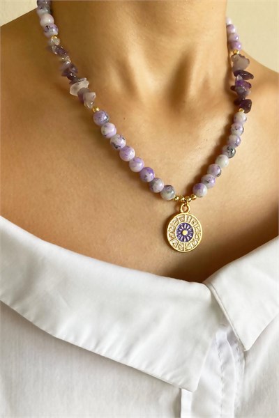Zodiac Medal Ended Crystal Glass Bead Natural Stone Necklace - Purple