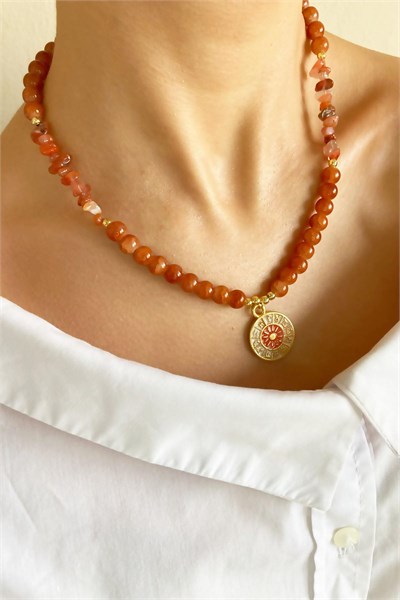 Zodiac Medal Ended Crystal Glass Bead Natural Stone Necklace - Orange
