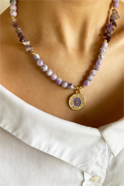 Zodiac Medal Ended Crystal Glass Bead Natural Stone Necklace - Purple