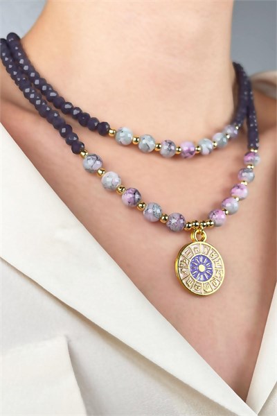 Zodiac Medal Ended Crystal and Glass Bead Necklace - Purple