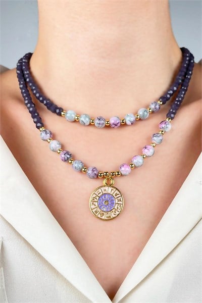 Zodiac Medal Ended Crystal and Glass Bead Necklace - Purple