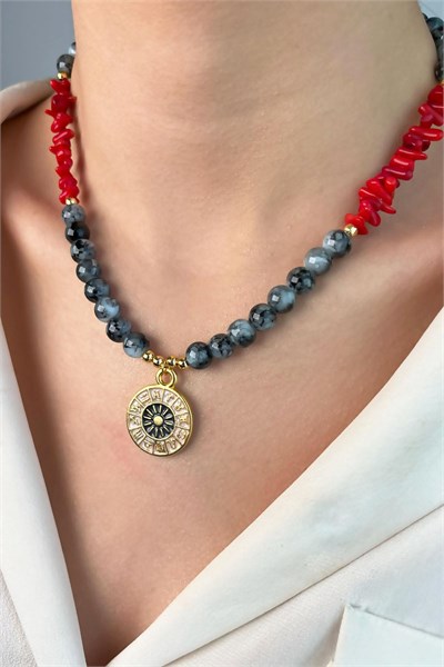 Zodiac Medal Ended Coral Natural Stone Bead Necklace - Gray