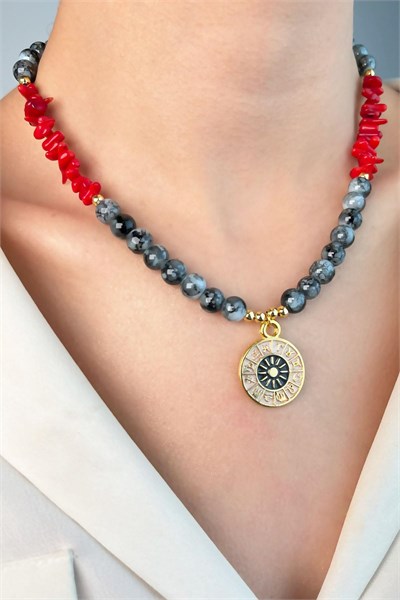 Zodiac Medal Ended Coral Natural Stone Bead Necklace - Gray