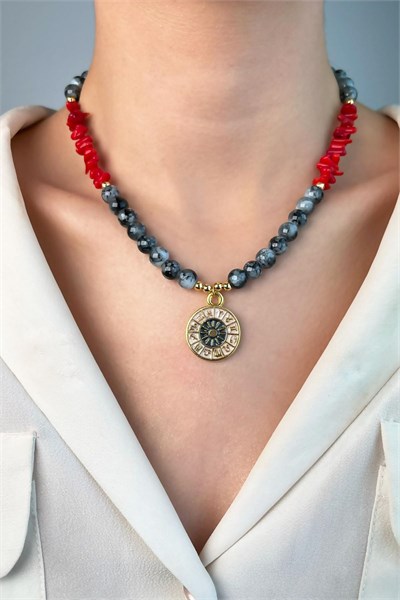 Zodiac Medal Ended Coral Natural Stone Bead Necklace - Gray