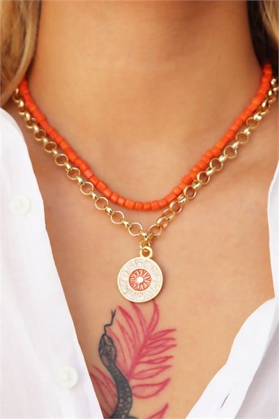 Zodiac Medal Ended Orange Double Necklace