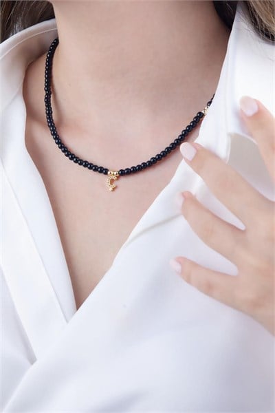 Ç Letter Black Pearl Design Necklace