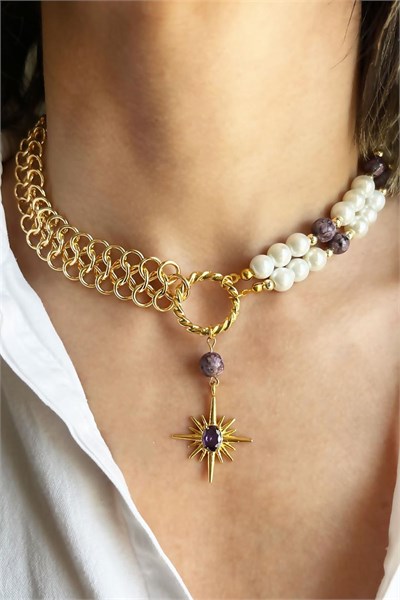 Ceyd Güneş Natural Stone Star Detail Chain and Pearl Necklace