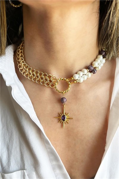 Ceyd Güneş Natural Stone Star Detail Chain and Pearl Necklace