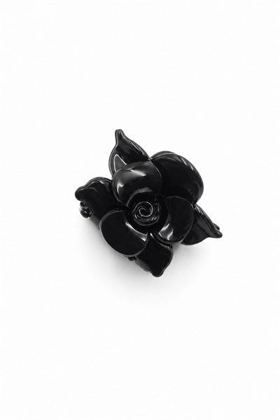 Classic Bone-Style Hair Claw Clip with Floral Design - Black