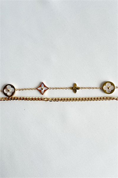 Multiple Clover Figure Gold Colored Double Steel Bracelet