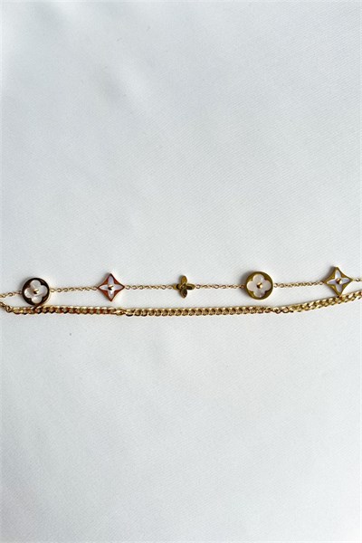 Multiple Clover Figure Gold Colored Double Steel Bracelet