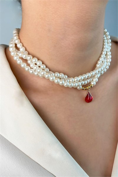 Drop Ended Spiral Pearl Necklace - Red