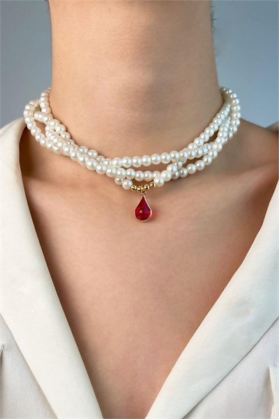 Drop Ended Spiral Pearl Necklace - Red