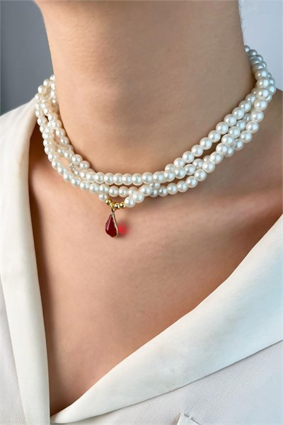 Drop Ended Spiral Pearl Necklace - Red