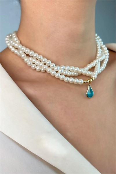 Drop Ended Spiral Pearl Necklace - Blue