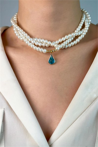 Drop Ended Spiral Pearl Necklace - Blue