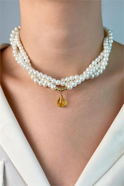 Drop Ended Spiral Pearl Necklace - Yellow