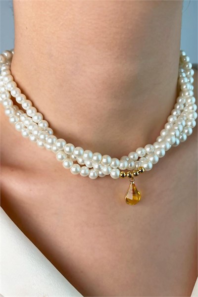 Drop Ended Spiral Pearl Necklace - Yellow