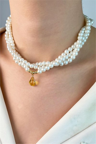 Drop Ended Spiral Pearl Necklace - Yellow