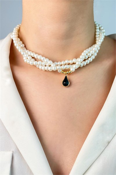 Drop Ended Spiral Pearl Necklace - Black