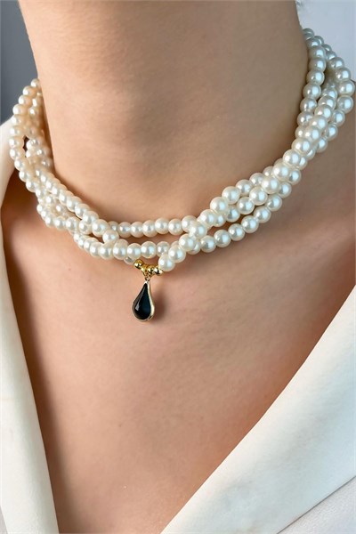 Drop Ended Spiral Pearl Necklace - Black