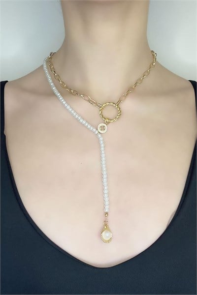 Sea Shell Detailed Pearl Chain Necklace