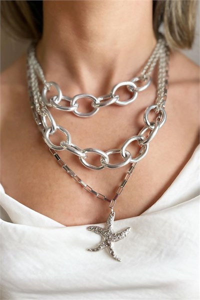 Starfish Detailed Multiple Silver Colored Necklace