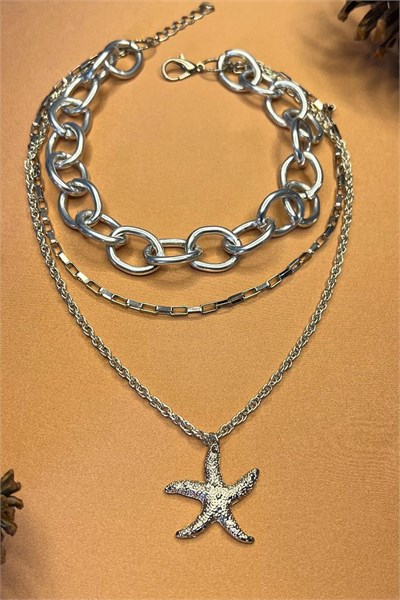 Starfish Detailed Multiple Silver Colored Necklace
