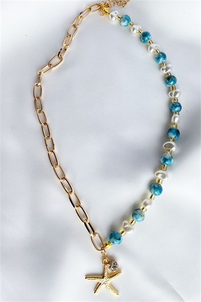 Starfish Detailed Pearl Blue Necklace