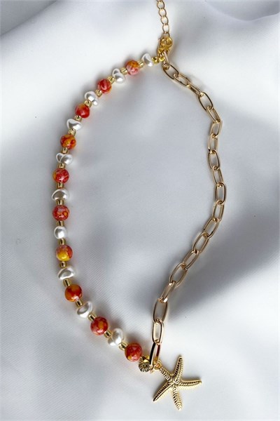 Starfish Detailed Pearl Orange Necklace