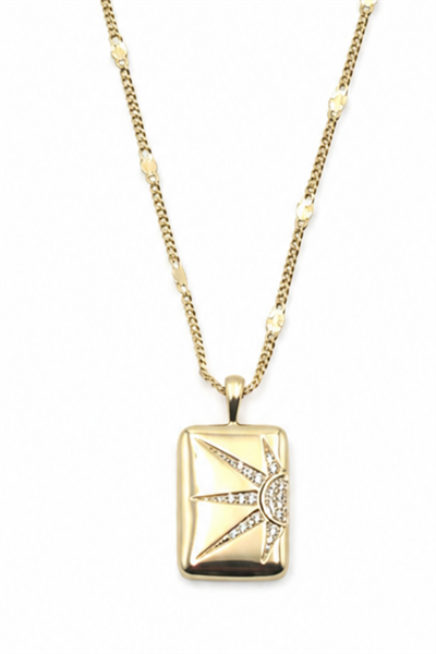 Brass Necklace with Rectangular Bar, Sun Motif and Cubic Zirconia