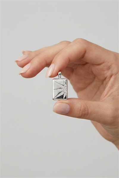 Brass Pendant with Rectangular Bar, Sun Motif and Cubic Zirconia