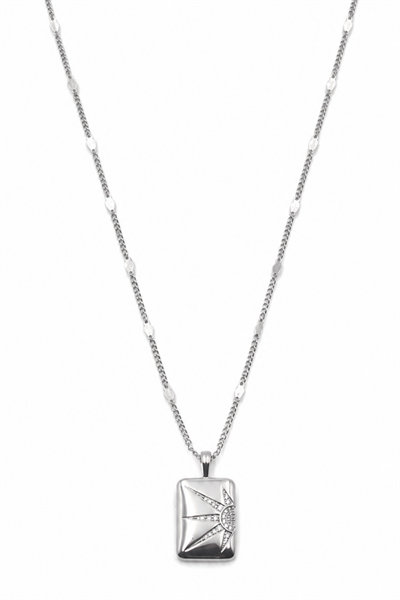 Brass Necklace with Rectangular Bar, Sun Motif and Cubic Zirconia