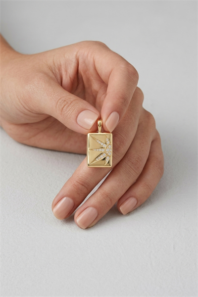 Brass Pendant with Rectangular Bar, Sun Motif and Cubic Zirconia