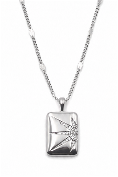 Brass Necklace with Rectangular Bar, Sun Motif and Cubic Zirconia