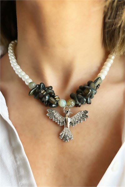 Natural Agate Stone and Olive Broken Stone Anka Detail Pearl Necklace