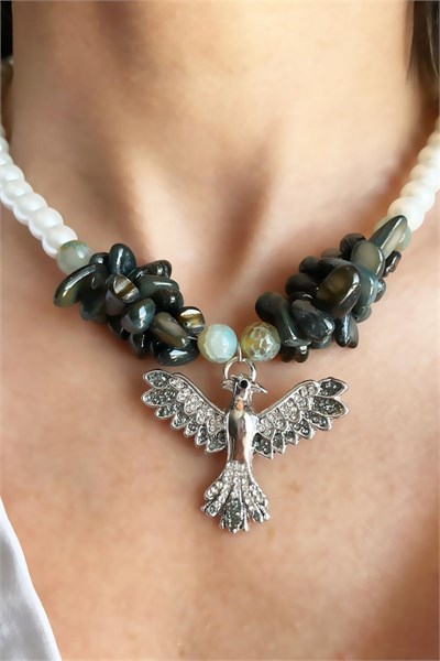 Natural Agate Stone and Olive Broken Stone Anka Detail Pearl Necklace