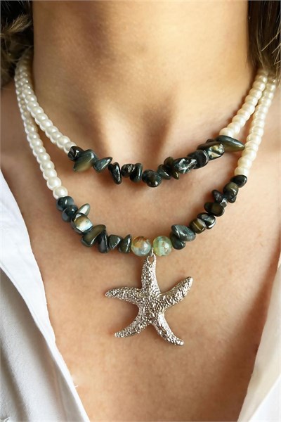 Natural Agate Stone and Olive Broken Stone Starfish Detail Pearl Necklace