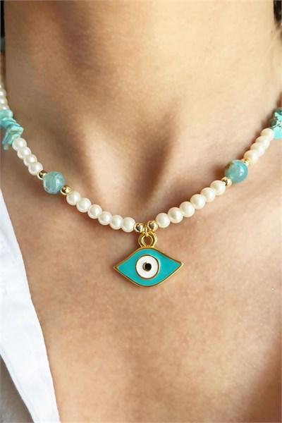 Natural Agate and Broken Stone Eye Detail Pearl Necklace