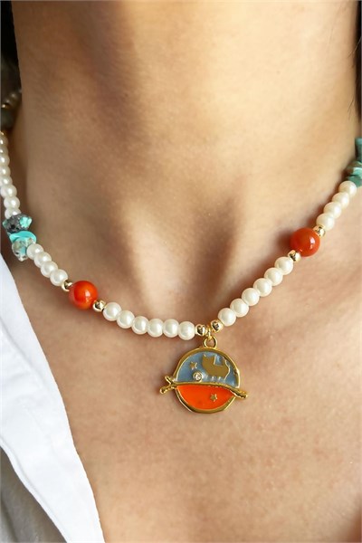 Natural Agate and Broken Stone Cat Detail Pearl Necklace