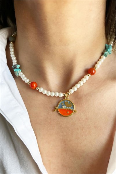 Natural Agate and Broken Stone Cat Detail Pearl Necklace