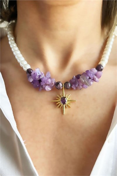 Natural Ceyd Güneş Stone and Purple Broken Stone Polar Star Detail Pearl Necklace