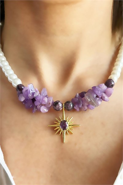 Natural Ceyd Güneş Stone and Purple Broken Stone Polar Star Detail Pearl Necklace