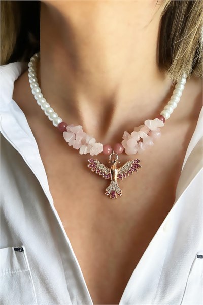Natural Ceyd Güneş Stone and Powder Broken Stone Anka Detail Pearl Necklace